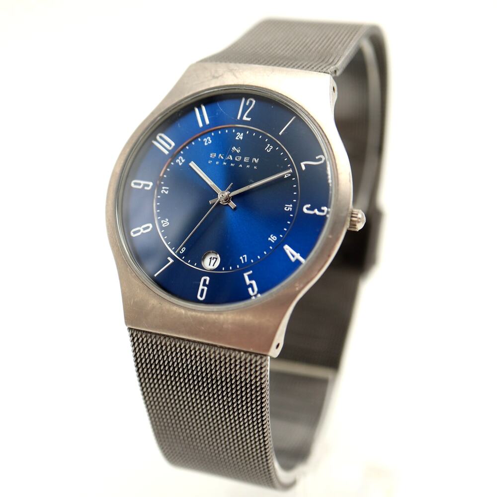 Skagen Titanium Mens Deep Blue 37mm Date Watch Slim Dress Mesh w New Battery